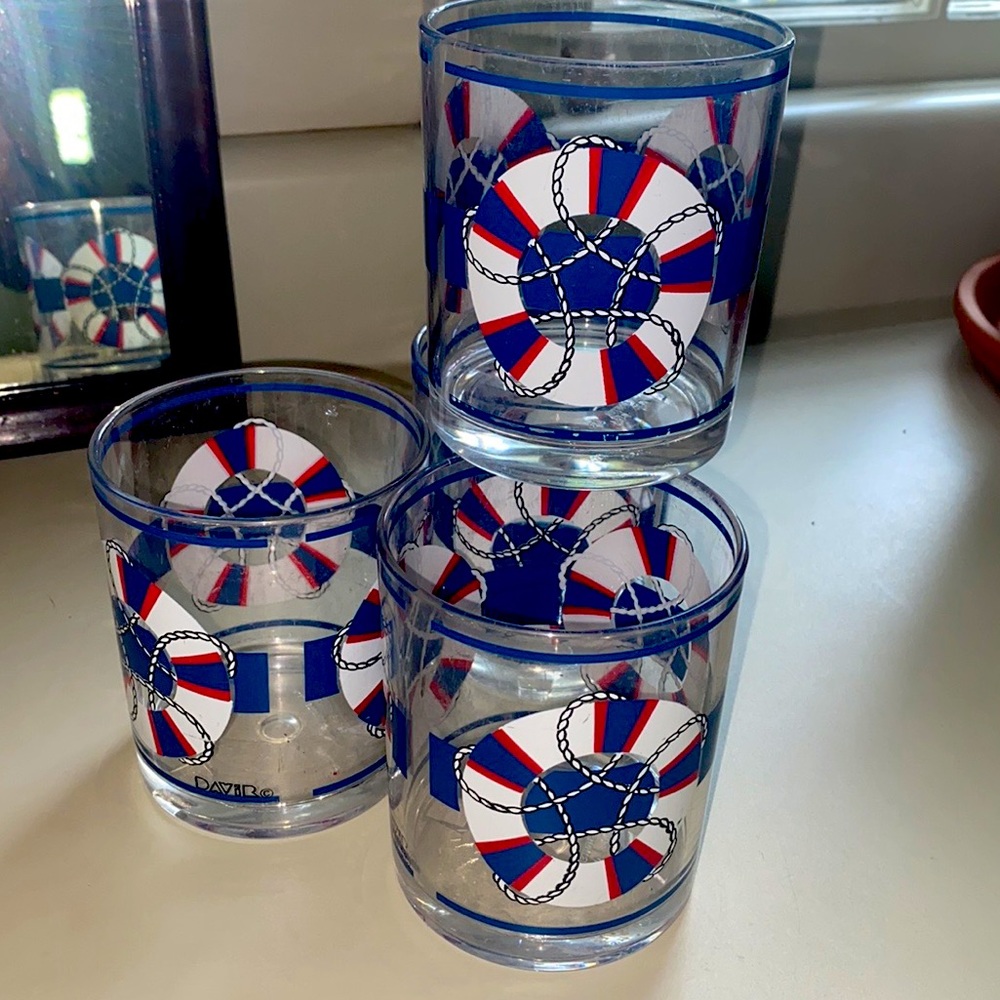 Vintage David Davir USA Made Barware Red, White & Blue Set of 4 Short Glasses